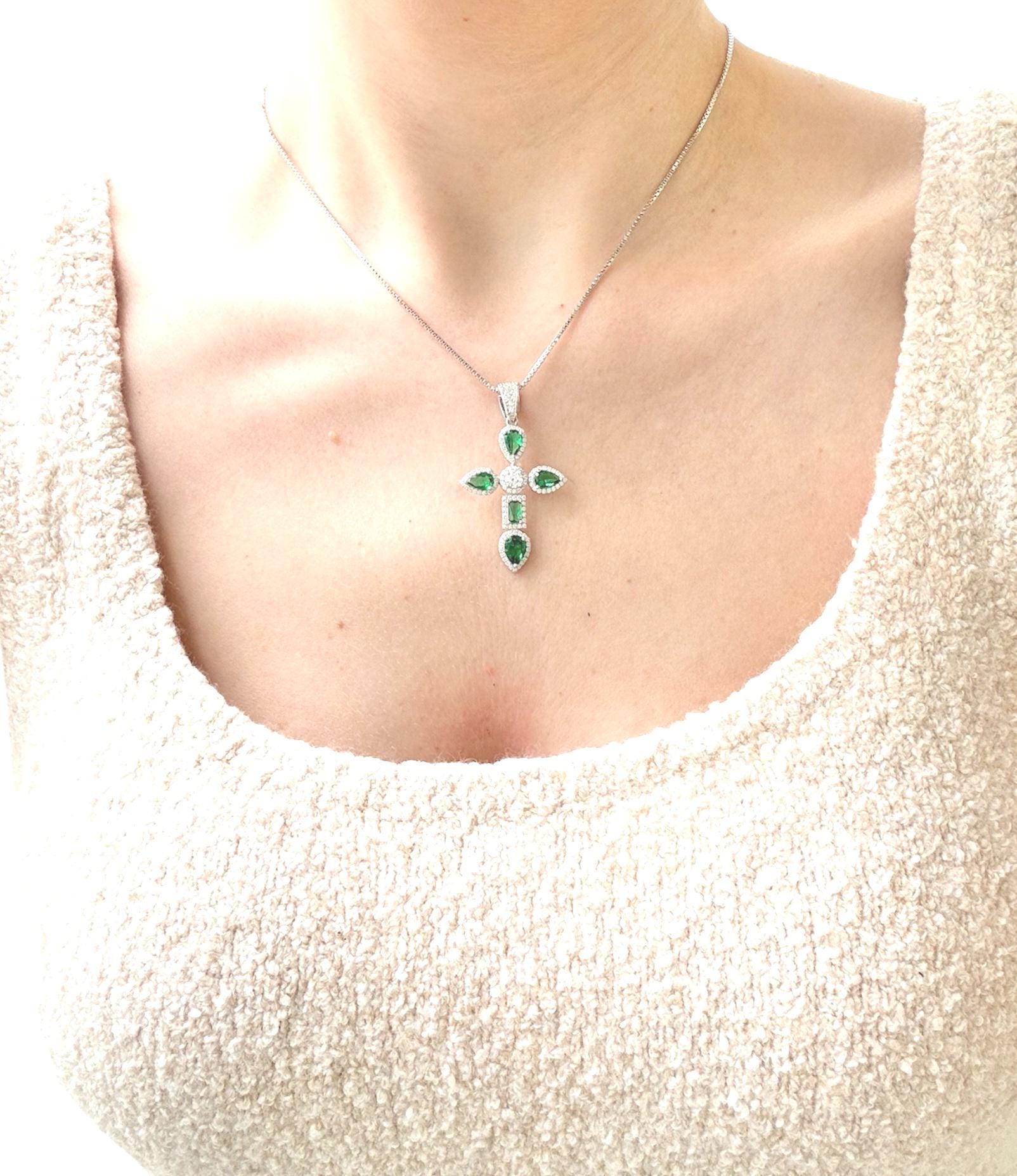 TRISHULA Collana A Croce In Argento Sterling 925 Con Malachite Verde | Ciondolo Cristiano 35x22 Mm | Catena Regolabile | Talismano Fede - 3