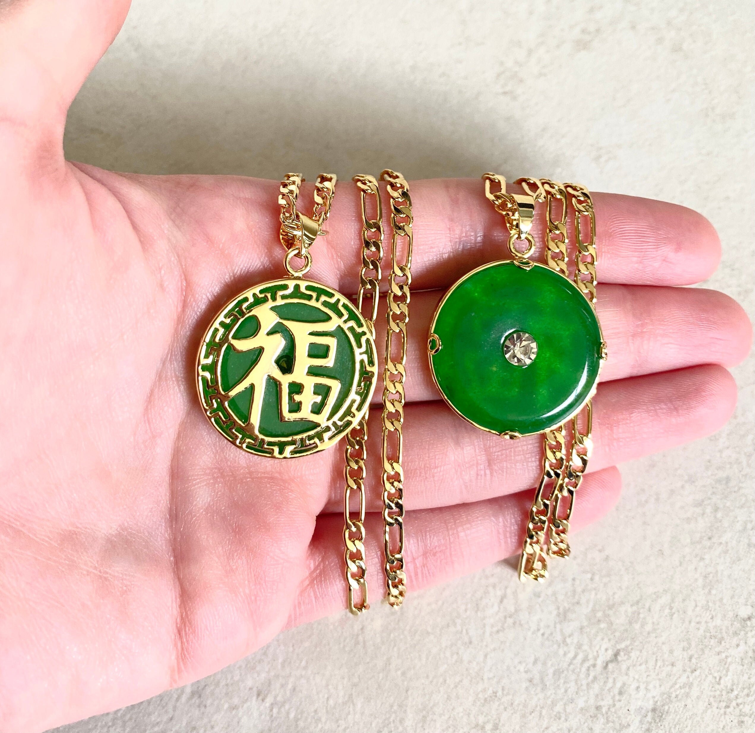 18K Gold Plated Reversible Green Jade Circle Pendant Necklace | Etsy