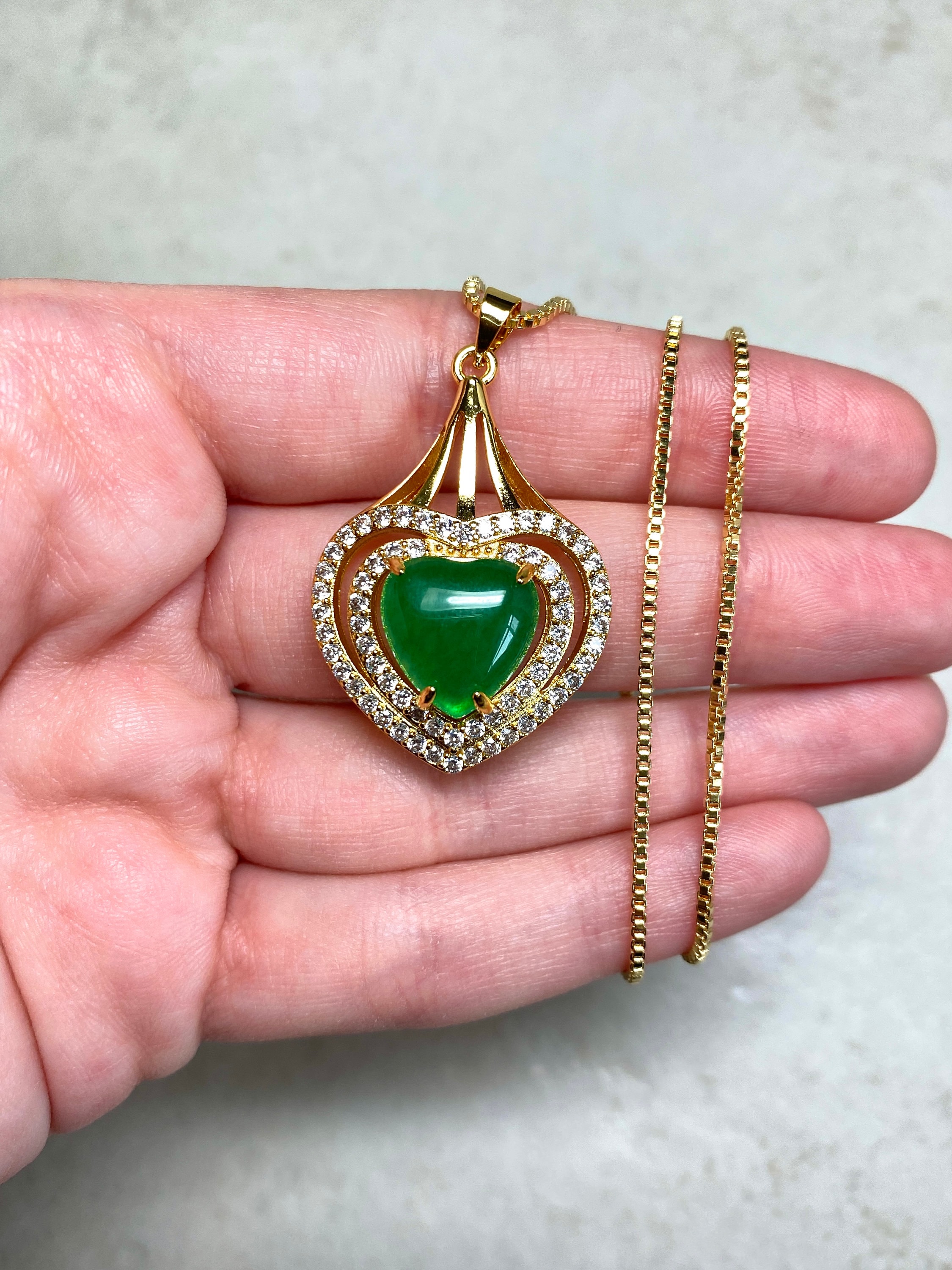 Gold Plated Jade CZ Heart Necklace Etsy