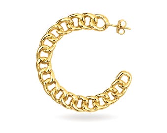 May include: A gold-toned hoop earring featuring a continuous chain-link design. The earring is constructed from polished metal links that form a circular shape, complete with a standard post and butterfly clutch backing mechanism.