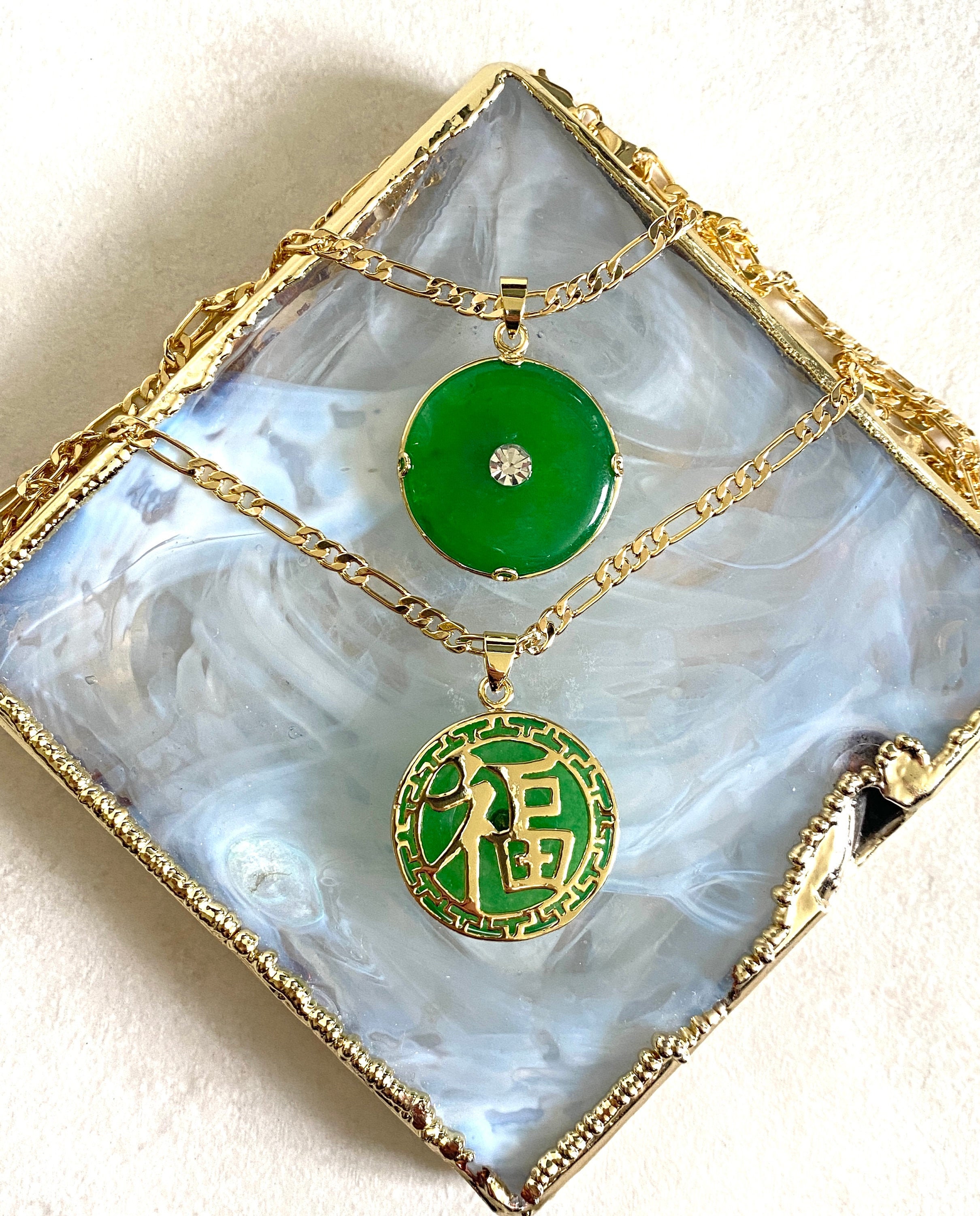 18K Gold Plated Reversible Green Jade Circle Pendant Necklace | Etsy