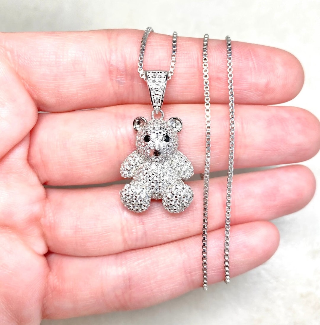 Silver Teddy Bear Necklace, Diamond Teddy Pendant, Iced