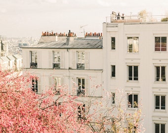 Paris Montmartre Building with Pink Spring Flowers Photography Fine Art Print