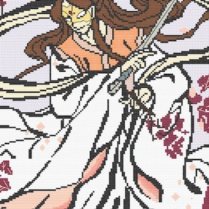 May include: A cross-stitch pattern of a woman in a white kimono with long brown hair, holding a sword. She is wearing a yellow and orange undergarment and has a white mask with a gold design. The background is a light purple with white and pink flowers.