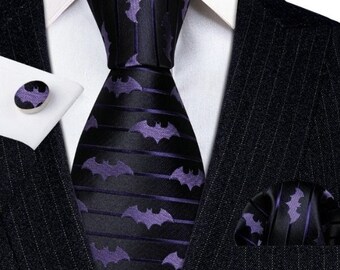 Purple and Black Halloween Bat Italian Silk Necktie Set Halloween Wedding Men's Tie add On Metal Bat Cufflinks