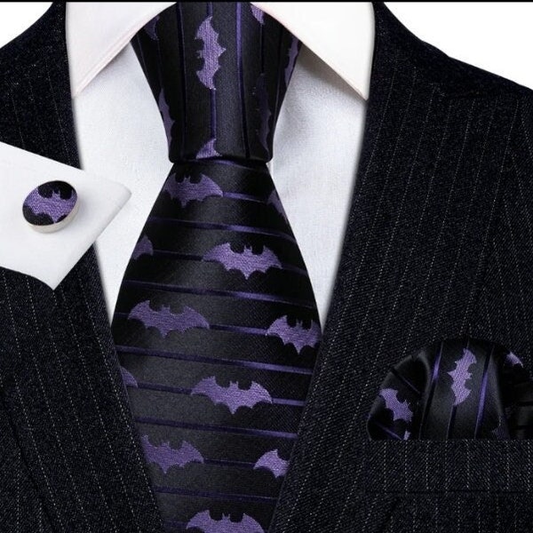 Purple and Black Halloween Bat Italian Silk Necktie Set Halloween Wedding Men's Tie add On Metal Bat Cufflinks