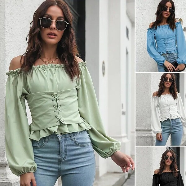 Off Shoulder Corset Lace up Front Long Sleeve Vintage Style Blouse