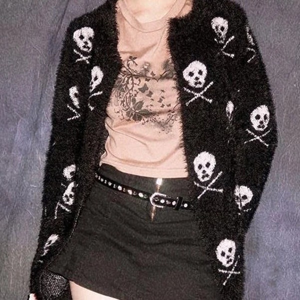 Skull Cardigan in Black or White Open Front Sweaters Soft Fuzzy Skull Halloween Sweater