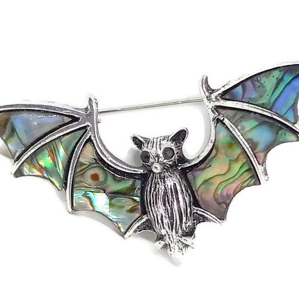 Abalone Shell Wings Bat Brooch Halloween Gothic Bat Lover Pin, Small Black Bat Pin