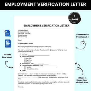 Professional Employment Verification Letter Template | Editable Job Verification Letter | Employment Verification Letter Form
