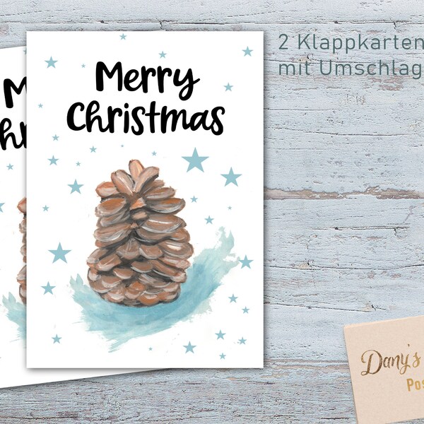 2 Weihnachtskarten - Merry Christmas - Klappkarte mit Tannenzapfen | inkl. Umschlag