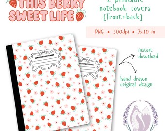 Cuaderno de composición imprimible con diseño de bayas dulces / Anverso y reverso / 18 x 25 cm / Descarga digital de frutas lindas / Hazlo tú mismo / Coqueta