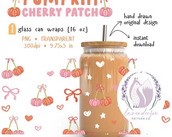 Kürbis Kirsche Patch Glasdosenverpackung 16 Unzen Libbey Cup Wrap Skurriles Herbstglas Wrap Digitaler Download UV DTF für kleine Biz Maker