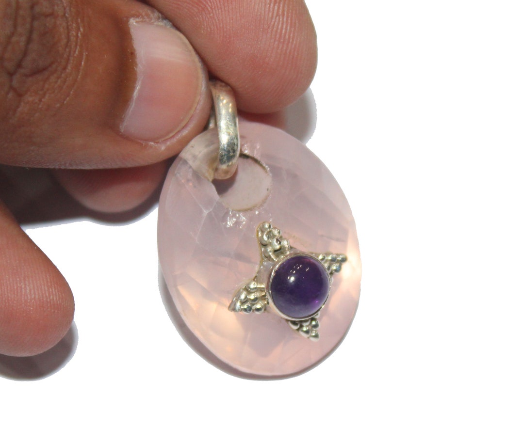 Natural Rose Quartz Drill Pendant, 925 Silver Rose Quartz Pendant