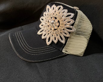 Black & Tan Rhinestone Trucker Hat