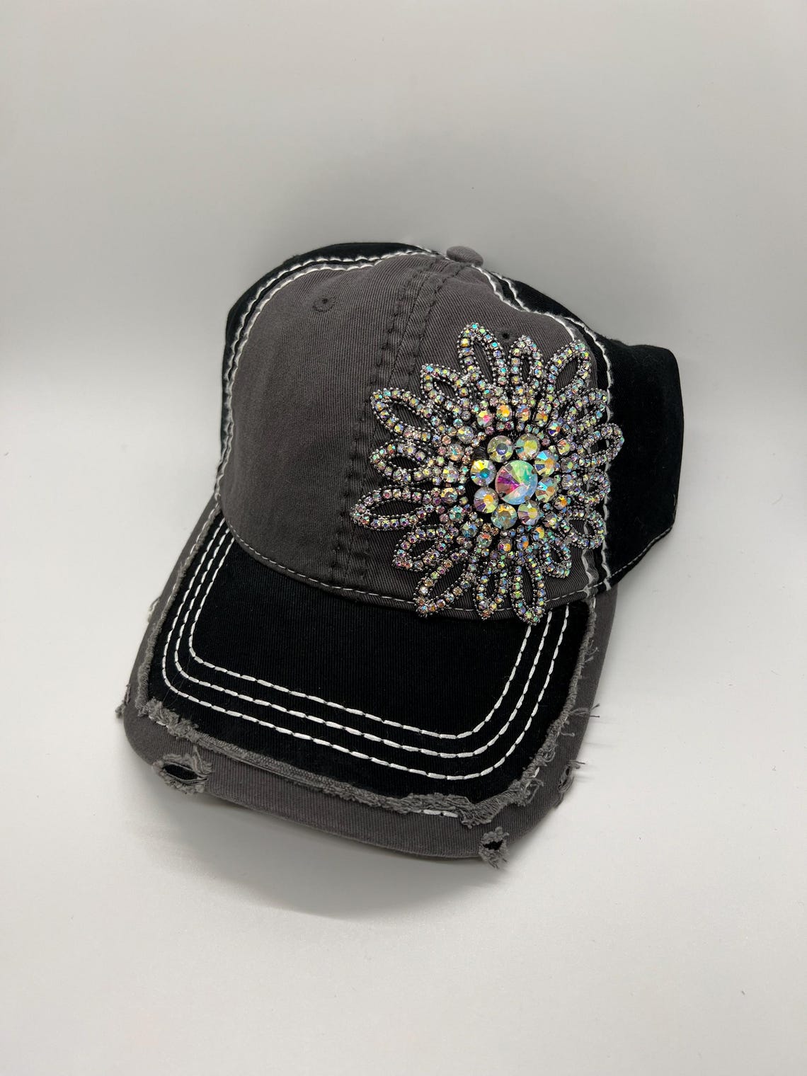 Black & Gray Distressed Rhinestone Hat - Etsy