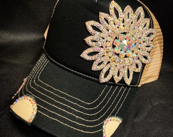 Black & Tan Rhinestone Trucker Hat