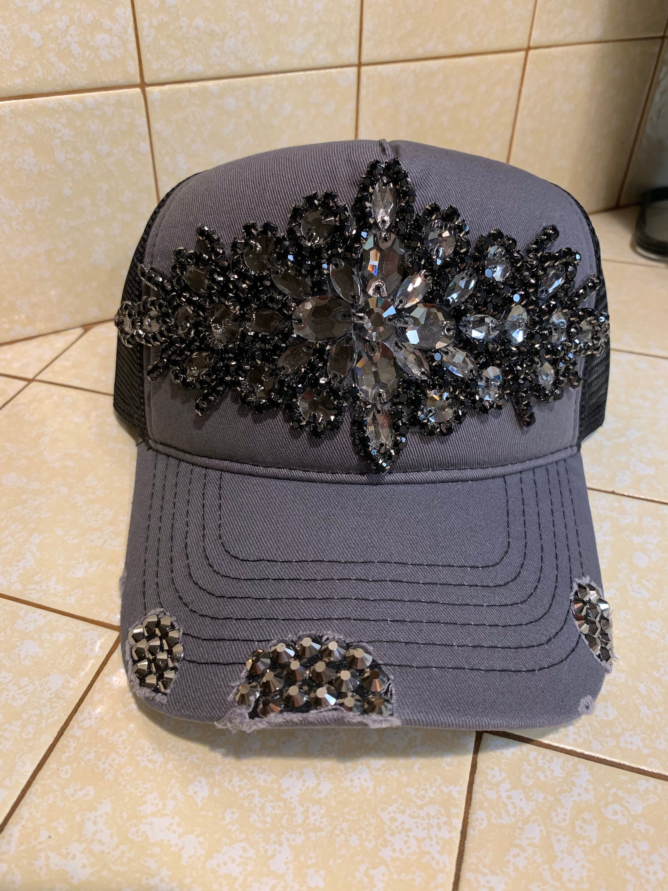 Gray & Black Rhinestone Trucker Hat, One Size Fits Most, Adjustable - Etsy