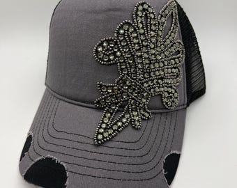 Gray & Black Rhinestone Trucker Hat, One Size Fits Most, Adjustable - Etsy