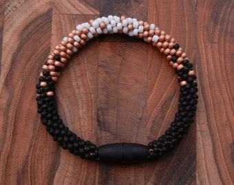 Camel Ombré Beaded Bracelet | Ready to Ship! Handmade Jewelry | Glass Beads |  Kumihimo Ombré | Black Magnetic Clasp | Pixellated |