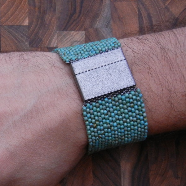 Turquoise Beaded Cuff Bracelet Wide | Custom Size Handmade Jewelry | Beaded Cuff | Glass Beads |  Minimal Design | Magnetic Clasp |