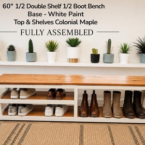60" Entry Bench with Shoe and Boot Storage Shelves, White and Colonial Maple