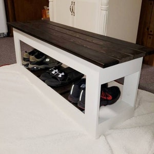 36 inch entryway bench! Handmade and featuring 1 shoe/boot shelf. Your choice of stain and paint colors. Primary=Base Secondary=Top!