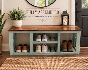 Handmade Bleached Blue/Provincial Farmhouse Entryway Bench, Wood Storage Shoe Rack. Fully Assembled