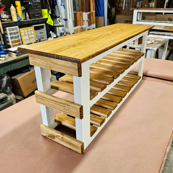 40 inch entry bench and shoe holder!Handmade and featuring 2 shoes shelves. Your choice of stain and paint colors.Primary=Base Secondary=Top