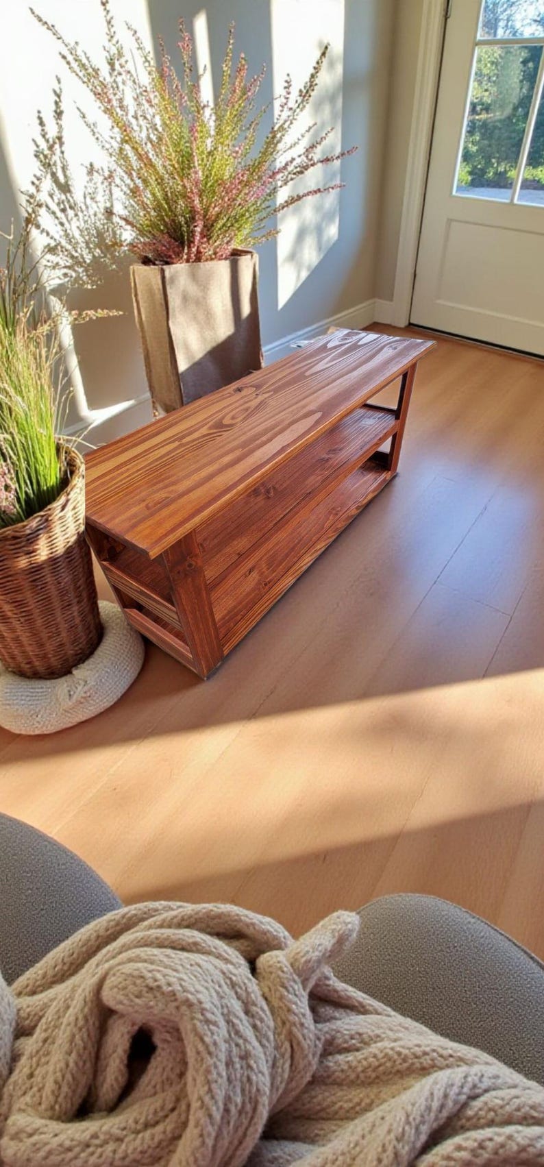 Handmade 36" Entryway Bench with Shoe Shelves: Custom Stain Options - Thumbnail 2