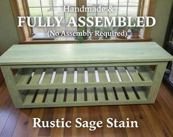 Handmade Rustic Sage Farmhouse Entryway Bench, Wood Storage Shoe Rack. fully Assembled