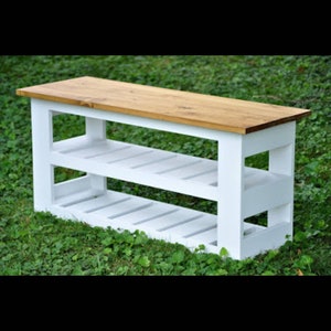 40 inch entryway bench! Handmade and featuring 2 shoe shelves. Your choice of stain and paint. Primary=Base Secondary=Top!
