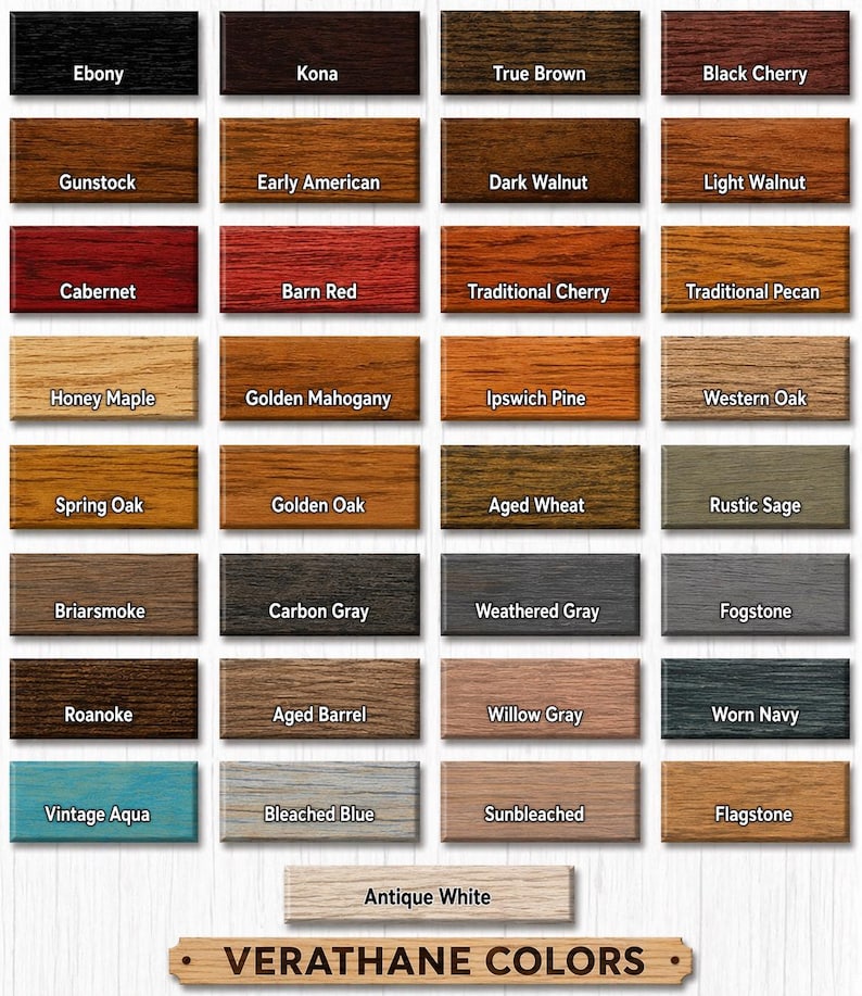 Op de afbeelding: Een kleurenkaart met Verathane houtbeitskleuren. De kaart toont rechthoekige blokken in verschillende tinten, waaronder Ebony, Kona, True Brown en Black Cherry. Andere kleuren zijn Cabernet, Barn Red en Vintage Aqua.