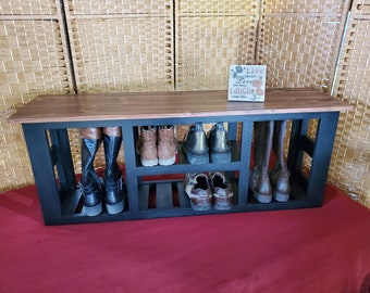 Handmade Entryway Bench with Shoe & Boot Storage - Dark Walnut Top