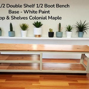 May include: A 60-inch long bench with a white painted base and colonial maple top and shelves. The bench has two shelves and a half-boot design. The image also shows a shelf with potted plants.