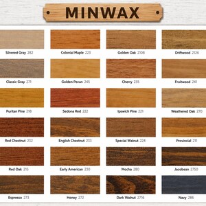 May include: A color chart from Minwax featuring a variety of wood stain colors. The chart includes shades like Simply White, Colonial Maple, and Ebony. The Minwax logo is at the top.