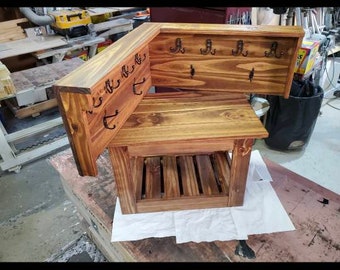 32 inch entryway bench and hall tree set.Handmade and featuring double coat hooks. Your choice of stain and paint.Primary=Base Secondary=Top