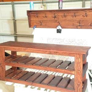 46 inch Custom handmade entry bench and shoe holder with 2 shelves!  Customizable fully assembled. Primary=Base Secondary=Top!