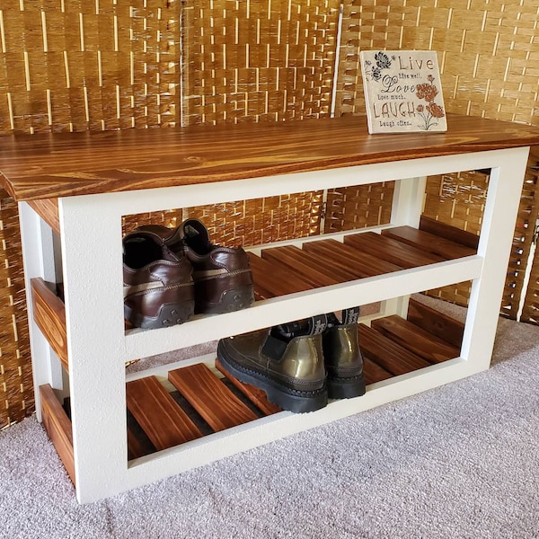 40 inch entryway bench! Handmade and featuring 2 shoe shelves.Your choice of stain and paint colors.Primary-Base Secondary-Top!