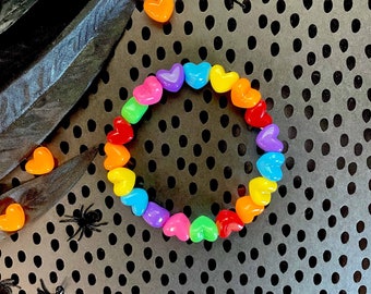 RAINBOW Hearts Retro Stretch Bracelet Goth Kandi Inspired Pony Bead VSCO Heart Babe Retro Emo Pony Beads Heart Bracelet Kawaii Style