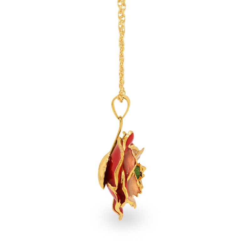 Pode incluir: Um colar de corrente de ouro com um pingente de rosa de esmalte vermelho, rosa e verde.