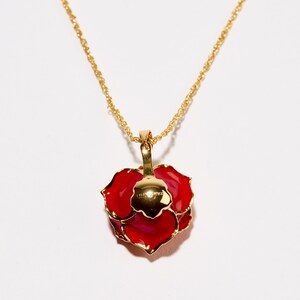 Pode incluir: Um colar de corrente de ouro com um pingente de rosa vermelha. A rosa &eacute; feita de metal e tem um acabamento brilhante, semelhante ao esmalte.