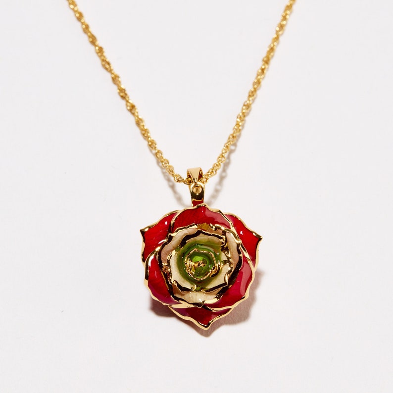 Pode incluir: Um colar de corrente de ouro com um pingente de rosa de esmalte vermelho, branco e verde.