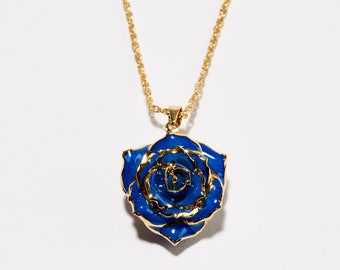 Gorgeous One-Of-a- Kind Blue Velvet Eternal Necklace - Real Rose Dipped in 24k Gold