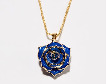 24k Gold-Dipped Blue Rose Necklace: Eternal Velvet Rose Pendant