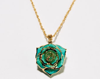 Gorgeous One-Of-a-Kind Teal Rhapsody Eternal Necklace | Real Rose Dipped in 24k Gold