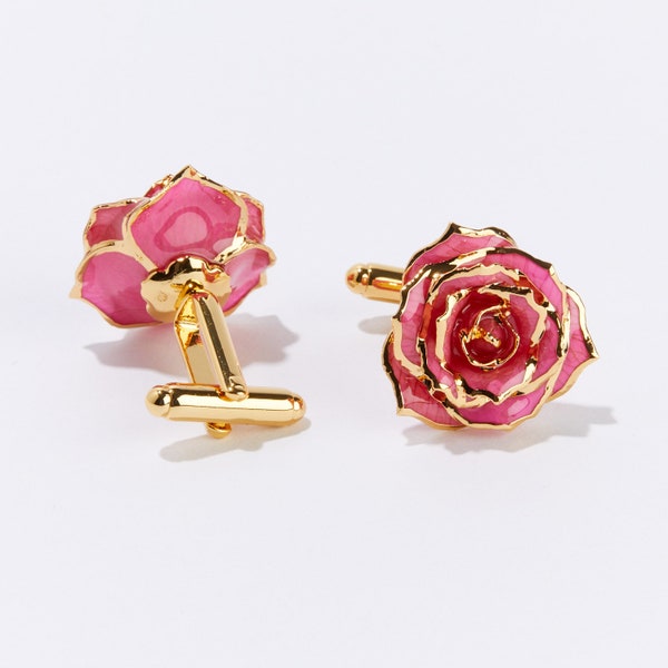 Beautiful One-Of-a-Kind Real Rose Cuff Links | Eternal Rose | Real Rose Dipped In 24K Gold | Pink Perfection Eternal Cuff Links