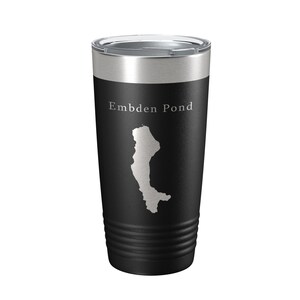 May include: A black stainless steel tumbler with a silver lid. The tumbler has a white outline of Embden Pond and the text "Embden Pond" on the front.