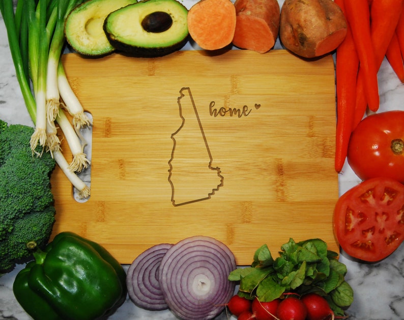 New Hampshire Home State Engraved Bamboo Cutting Board Heart NH 9.75 x 13.75 in