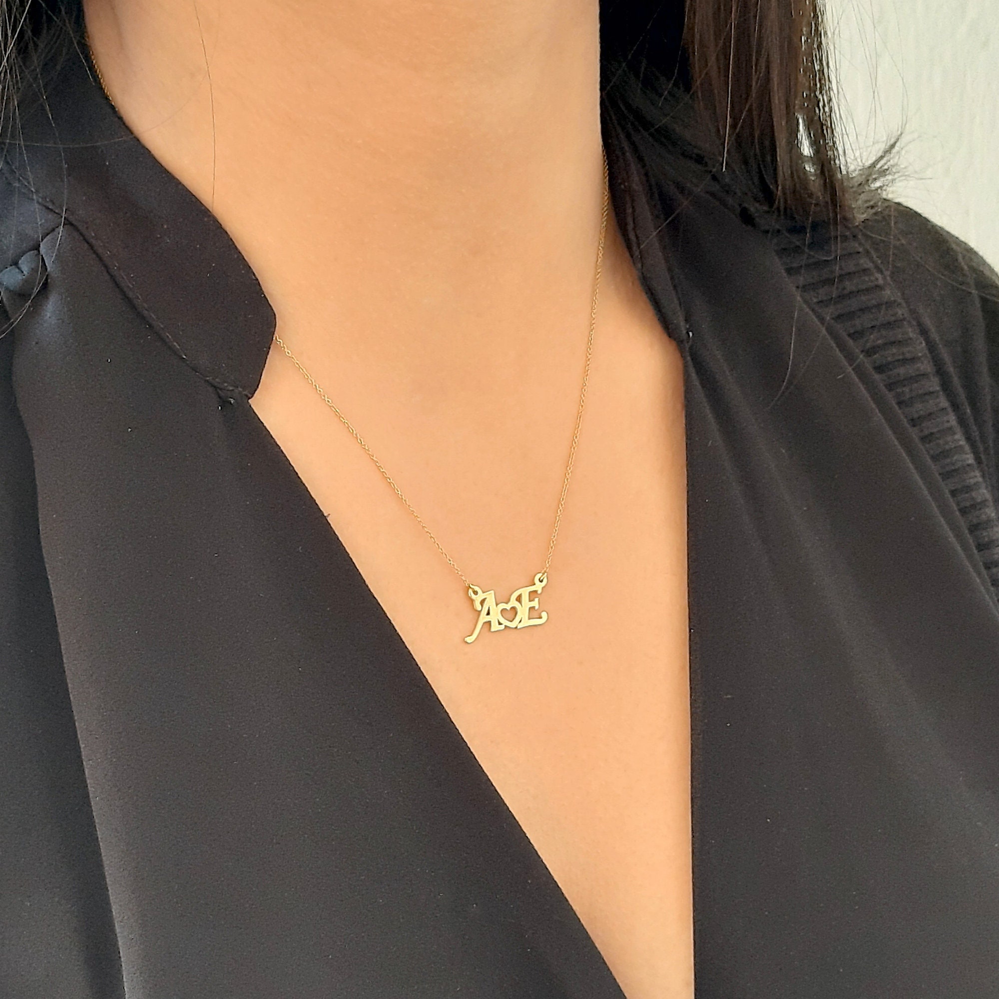14k solid gold 2 initial heart necklace initial necklace Etsy